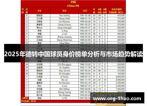 2025年德转中国球员身价榜单分析与市场趋势解读